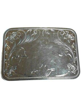 Vintage Silver-Tone Floral Engraved Western Belt Buckle Rectangular Design